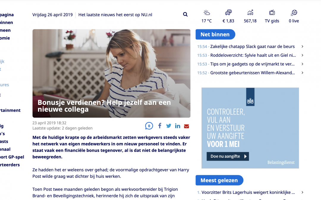 In de pers verschenen: Bonusje verdienen? Help jezelf aan een nieuwe collega